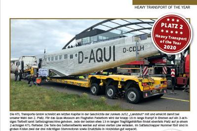 Right behind in second place was the transport of "Tante Ju", a vintage Ju 52 aircraft, on a 3-axle MegaMAX lowbed trailer by Faymonville!